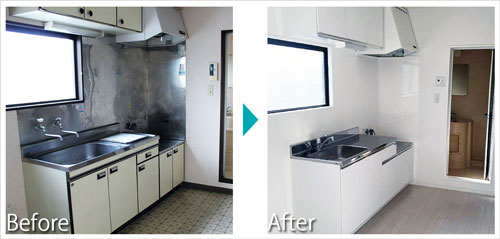 キッチンの取替え・床をフローリングに変更・壁のクロスの張替え